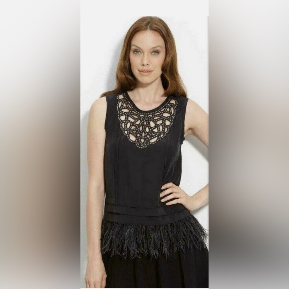 BCBGMAXAZRIA Dracey Sequin Feather Top silk  black M whimsigoth